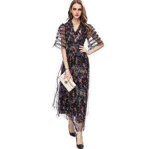Runway-Kleid für Damen, sexy, V-Ausschnitt, kurze Ärmel, bedruckt, Rüschen, Netzstoff, elegantes Designer-Party-Abschlussballkleid