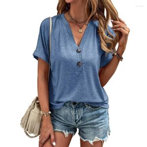 Women's T Shirts Women Roll-Up Short Sleeve Button Front Split V-Neck Blouses T-Shirt Summer Casual Loose Plain Solid Color Pullover Top