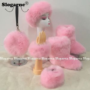 Buty 2023 Futro Zestaw Winter Furry Śnieg Zapniowa Pluszowa ciepła dziewczyna Puszysta zestaw opaski do włosów Bag Hats Bag 231128