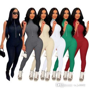 Summer Bodycon Jumpsuits 여성 Bodysuit 디자이너 의류 슬림 섹시 클럽 착용 민소매 지퍼 레이디 스키니 장미