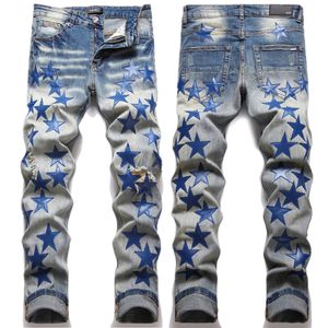 Men's Jeans European Jean Hombre Letter Star AM tiny spot Men Embroidery Patchwork Ripped Trend Brand Motorcycle Pant Mens Skinny AM3323# size 29-38