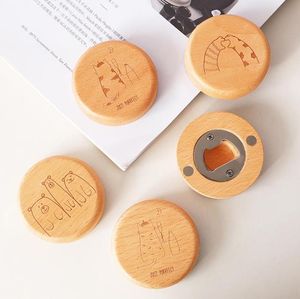 Blank Openers DIY Beech Wooden Round Shape Bottle Opener Coaster Fridge Magnet Decoration Beer Bottle Opener Custom Logo SN6889