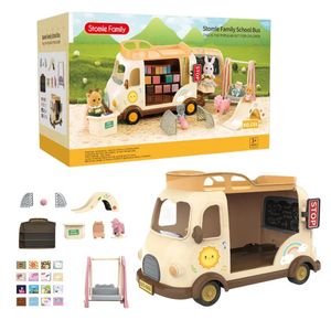 Action Toy Figures Forest Animal Outdoor station wagon school bus Set DIY Simulation Furniture Girl Play House Toys kid birthday Gift 231127