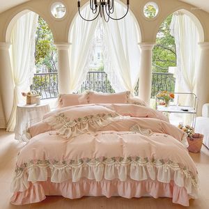 Set di biancheria da letto Set di cotone stile principessa coreana rosa 400TC Fiore lavato con volant in pizzo Copripiumino Federe per lenzuolo