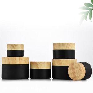 5g 10g 15g 20g 30g 50g Black Frosted Glass Jars Cosmetic Bottle Cream Container Packaging with Imitated Wood Grain Plastic Lids Crsco