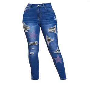 Kvinnors jeans kvinnor rippade hög midja mager stjärna tryck denim pants designer damer