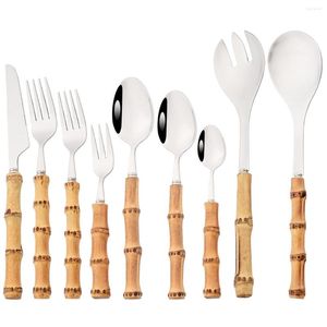 Servis uppsättningar 1pc trä bambu rothandtag bestick 304 rostfritt stål serverande gaffel sked sallad soffbord