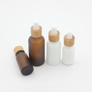 Frosted Amber White Glass Droper Bottle 15 ml 30 ml 50 ml med bambu cap 1oz trä eteriska oljeflaskor mhqli