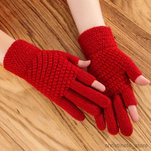 Children's Mittens Women Winter Warm Thick Knit Wool Fingerless Writing Touch Screen Driving Gloves Unisex Cashmere Half-finger Cycling Mittens R231128