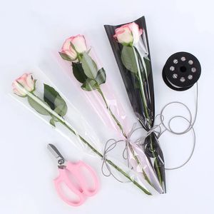 Packaging Paper 50pcs 45cm Florist Plastic Flower Packaging Bags Single Rose Bags Flowers Wrapping Paper Valentine's day Roses Bag 231127