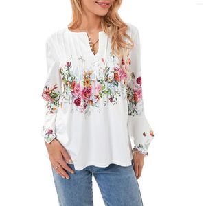 Blusas femininas primavera outono blusa com estampa floral tops manga 3/4 botão frontal decote em v casual elegante camisetas soltas