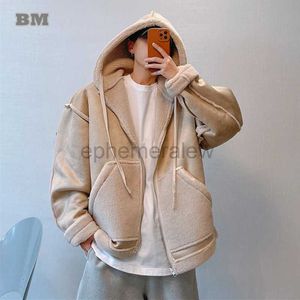 Erkek Hoodies Sweatshirts Kış Sokak Giysesi Yün Polar Sıcak Hoodie Japon Harajuku Yüksek kaliteli rahat hırka her iki tarafı giymek