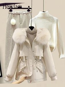 Women s Jackets Winter Warm 3 Pieces Sets For Women Outfits Ladies Turtleneck Knitted Sweater hooded Fur Collar Parka en Harem Pants 231127