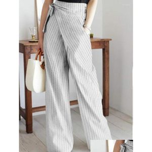 여성용 바지 Capris Fall Striped Wide Leg 캐주얼 하이 허리 포켓 레이스 업 대형 드레스 비대칭 드롭 배달 의류 dh7x9