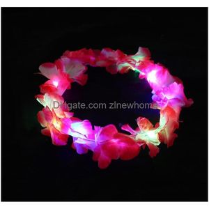 Led Hawaiian Leis Headband Costume Accessories Light Up Floral Wedding Headbands Artificial Flower Crown For Beach Tropical Themed Dro Dhlqf