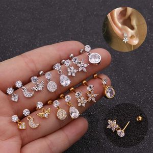 New Ear Bone Nail Heart-shaped Flower Charm Stainless Steel Screw Back Ear Nail Micro Inlaid Cartilage Earring Studs Puncture Stud Earrings 14K Real Gold Wholesale