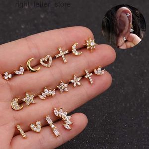 Stud 1pc Helix Flat Piercing Ear Stud Earring for Women Moon Star Zircon Brosket Tragus Tillbehör Rostfritt stål smycken Kae348 YQ231128