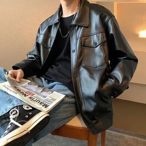 Jaquetas de couro masculinas inverno pu sobretudo cor sólida preto polo botão bolso casual versátil manga comprida casacos soltos piolet