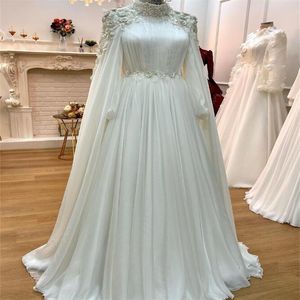 Elegant Ivory Muslim Wedding Dress With 3d Florals High Neck Beaded Caftan Saudi Arabic Bridal Gowns Boho Chiffon Bride Dress Countries Robes Mariee Vestios Novia