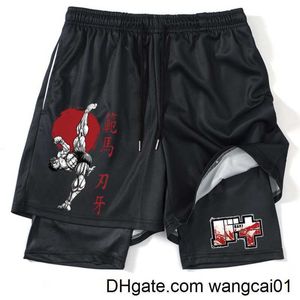 wangcai01 Men's Shorts Anime Hanma Baki Gym Shorts Black for Men 2 In1 Mesh Quick Dry Board Shorts Mens Bodybuilding Fitness Running Short Pants Summer