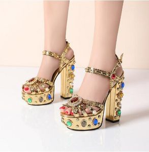 Sexy Gold Rhinestone Platform Sandals Women Fashion T Show Party Pumps Lady Wedding Bridal Dress Shoes Plus Size 35-42