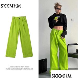 Pantaloni da donna Capris American Fluorescent Green Light Core Veet Pantaloni larghi con orlo a gamba dritta per stile estivo Ins Loose Mop Drop Deli Dhkwj