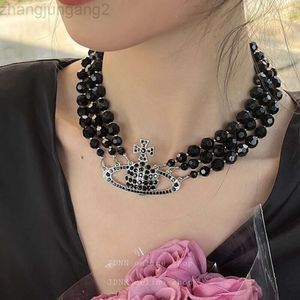 Designer Viviene Westwoods Ny Viviennewestwood Western Empress Dowager Full Diamond Three Layer Black Agate Saturn Necklace Female Punk Style Three Ring Pearl Sh Sh