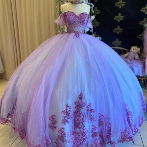 Lavendel glänsande bollklänning quinceanera klänning korsett spetsar applikationer pärlor paljetter söt 16 klänning vestidos de xv 15 anos