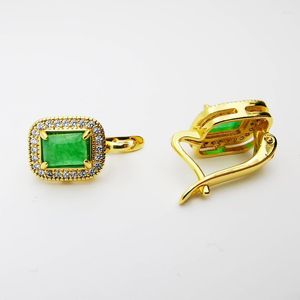 Hoop örhängen underbar 8x6mm grön jade rektangel sten inlagd strass gyllene gul 1 par