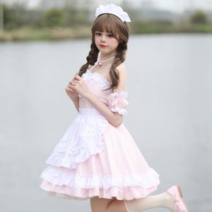 Sıradan Elbiseler Kadın Prenses Pembe Elbise Anime Cosplay Kahve Hizmetçisi Üniforma Lolita Okul Öğrenci Artı Boyut Hizmet Edin Elbise Omuz Kawaii