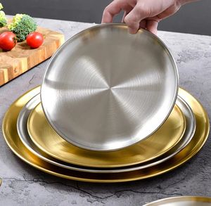 Diskplattor högkvalitativa koreanska 304 rostfritt stål runda stekplatta Tray Enkel lager hårfäste Finish Mirror Steak Tray BBQ Tabelledarform 231127