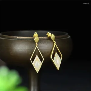 Dangle Earrings Selling Natural Hand-carved 925 Silver Gufajin Inlaid White Jade Studs Fashion Jewelry Women Luck Gifts