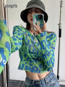 女性の Tシャツ Tonngirls セクシーなクロップトップ女性 2023 Y2k タイダイ長袖メッシュシャツストリートレタースリム Tシャツファム夏