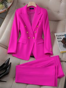 レディースツーピースパンツファッションピンクグリーンブラックレディースワークパンツスーツ女性ボタン装飾フォーマルジャケットブレザーとズボン2セット231128