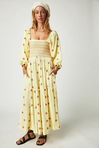 Casual Dresses Flower Embroidered Maxi Dress Lantern Sleeve Square Neck Tiered Flowy Spring Fall