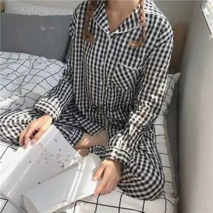 Hemkläder Plaid Sleepwear Women Pyjama Ställer in långärmad piiama byxor höstkoreansk kostym 2 bit natt bär pocket -knapp hemkläder newvaiduryd