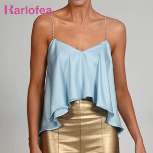 Camis Karlofea Novo Sexy Diamay Loose Camis Top para verão 2021 Women Women Women Women Use Lovely Ruffles Backless Roupas Y2K Blue Crop Tops