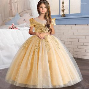 Abiti da ragazza Abbigliamento per bambini 4-12 anni Paillettes Pizzo con spalle scoperte Abito da principessa in rete Elegante Walk Show Performance al pianoforte Long Dre