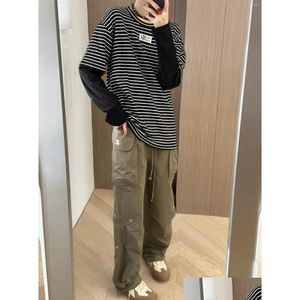 Womens T-Shirt T Shirts Mmsix T-Shirts 2023 Autumn Winter Striped Sleeve Stitching Round Neck Female Tops Casual Cotton Loose Long Tee Dhn9C