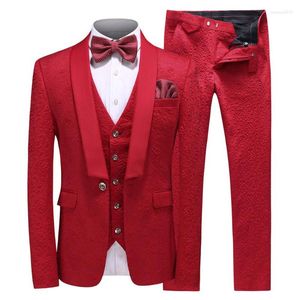 Erkekler Kırmızı Desen Damat Düğün Şal Yüzü İnce Fit Erkekler Balo Yemeği Adam Blazer 3 PC (Ceket Pantolon Yelek)