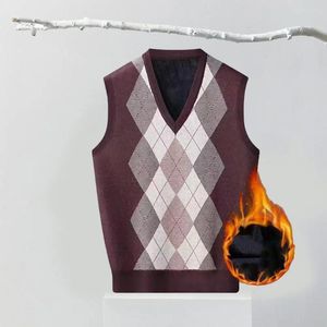 Coletes masculinos casuais homens de malha colete elegante losango impressão v-pescoço suéter quente macio elegante comprimento médio para outono