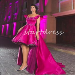 Sexy quente rosa oi baixo vestido de baile dubai abraic vestido de noite curto com overskirt trem apliques elegante cocktail baile de formatura vestido de festa de formatura 2024