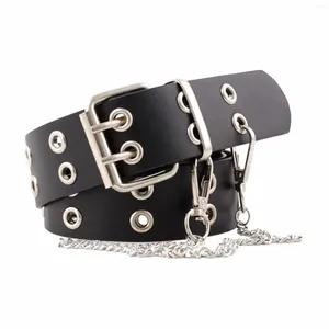 Belts Double Grommet Belt With 2 Holes Rock Punk Adjustable PU Leather Eyelet Chain Waistband For Club Jeans Cosplay Party Women