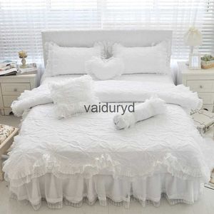 Bedding sets 100%Cotton Thick Quilted Lace White set Girls Pink Princess King Queen Twin size Bed Ruffle skirt casevaiduryd