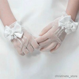 Barnmitten Girls Princess Handskar Elastic Mesh Bowknot Pearl Wedding Party Handskar Children Ceremony Ornament Accessories Performance Mantens