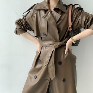 Women's Trench Coats Leather Coat Spring Autumn British Vintage Motorcycle Jacket Mid-length Waist-length PU
