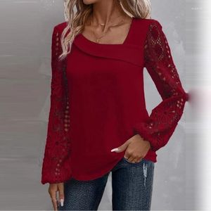 Women's Blouses Spring Embroidery Lace Sleeve Jacquard Shirts Women Sexy Skew Collar Draped Splicing Tops Pullover Autumn Elegant Office