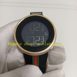 Orijinal Kutu Erkekler İzle Erkek Unisex Kadınlar Siyah Dijital Arama Çift Zaman 44mm Gül Altın Everose Diamond Çerçeve Ya114215 Kuvars Kuvars Kauçuk Bilezik Erkekler Spor Saatleri