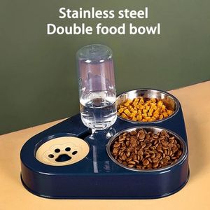 Alimentador 3 em 1 para cães, tigela com garrafa de água para cães e gatos, tigela automática para comida de gato, aço inoxidável duplo, 3 tigelas s/g