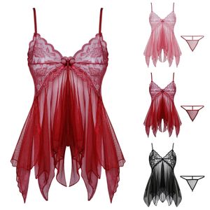 Сексуальная пижама Сексуальное женское белье льняная сетка перспективная пижама сексуальное вечернее платье с кружевной подвеской и v-образным вырезом женщины в стрингах, чтобы видеть сквозь ночь 231128